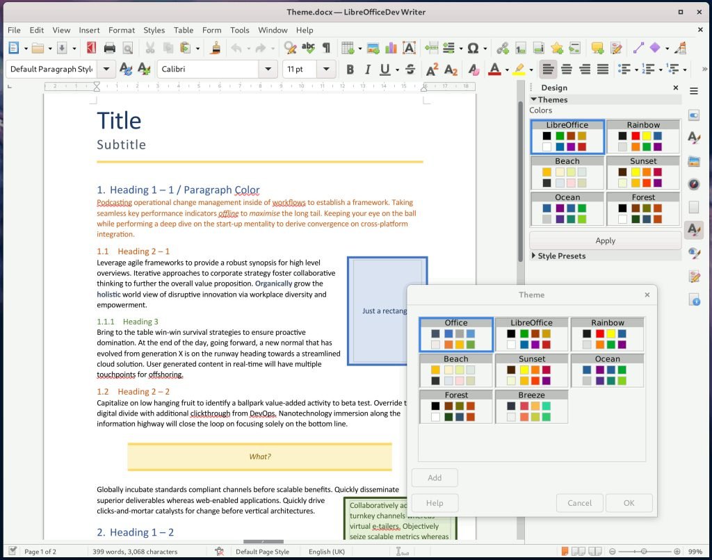 Document themes in LibreOffice 7.6 (image credit LibreOffice team)