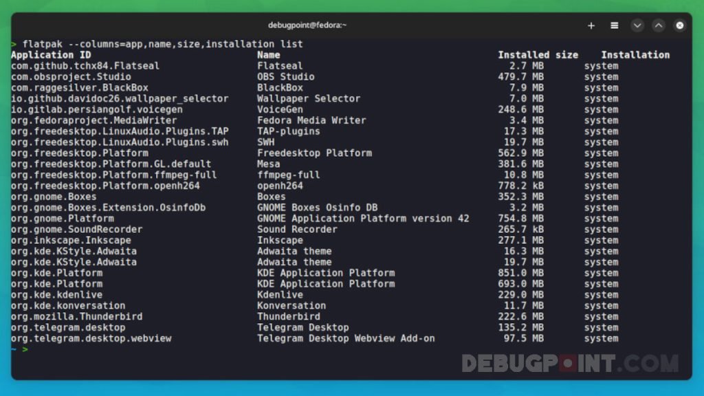 flatpak list command with additional columns