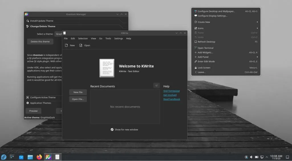 KDE Plasma desktop with Graphite Kavantum theme