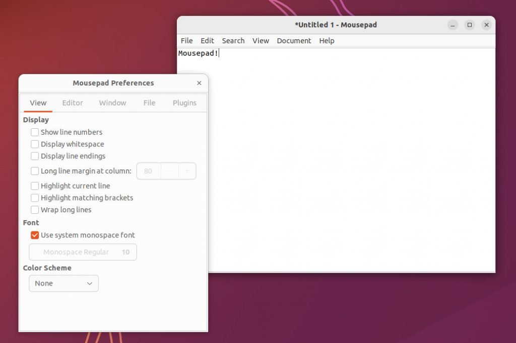 mousepad running in Ubuntu