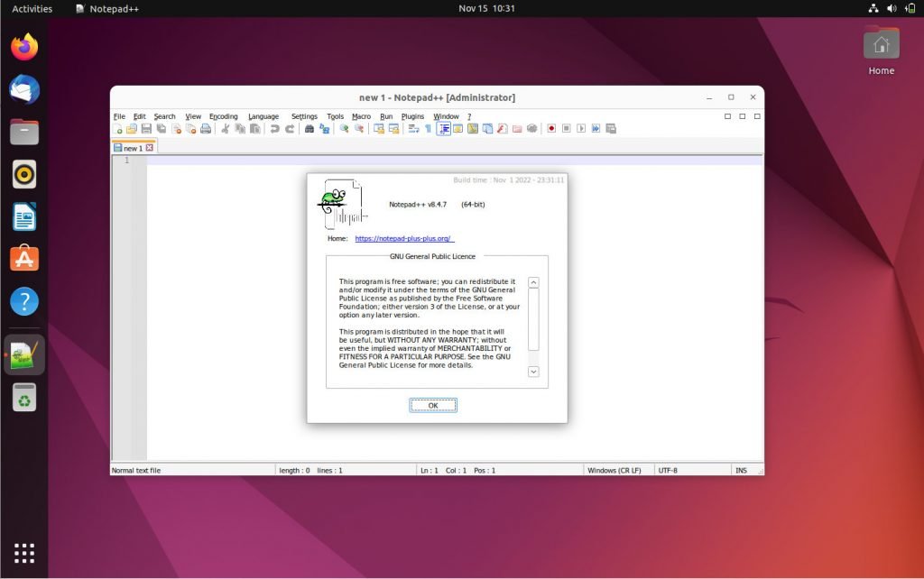 Notepad++ running in Ubuntu